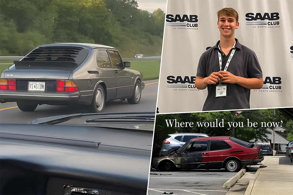 The fully restored Saab 900 on the road to SOC 42, once ravaged by fire, now gleaming with pride. (Photo courtesy: Bumpy Road)