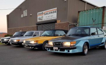 Frontline of Saab classics – Saab 900s lined up outside Saab Salvage headquarters in New South Wales.