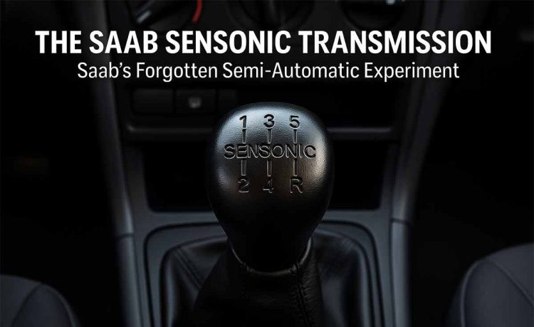 Close-up of the Saab Sensonic transmission gear lever inside a Saab 900 NG Turbo, showing the engraved gear pattern and “SENSONIC” lettering.