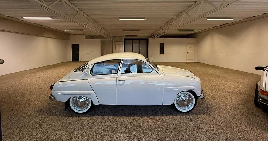 Saab 96 on display at Mannes Bilservice Saab showroom in Sölvesborg