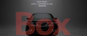 The official poster for The Box — a one-time opportunity to see almost the entire Saab Car Museum collection assembled inside Nova Arena.