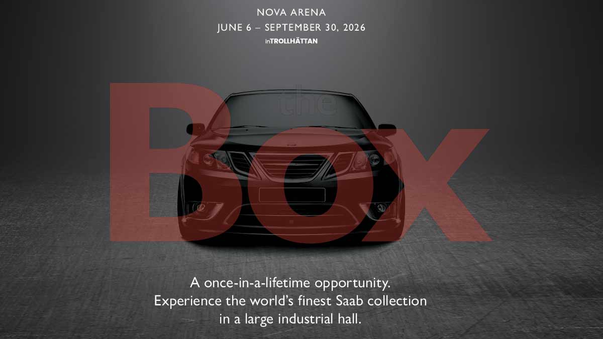 The Box: Saab Museum Prepares Its Largest Collection Display Ever for Summer 2026 1 The official poster for The Box — a one-time opportunity to see almost the entire Saab Car Museum collection assembled inside Nova Arena.