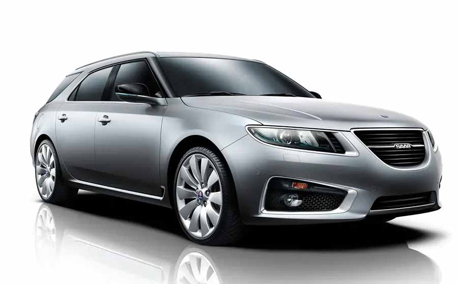 Night, Light, and the Saab 9-5ng: Simon Padian’s Design Philosophy Comes to Life 6 Saab 9-5NG SportCombi Aero front view in Carbon Grey Metallic with 5-spoke alloy wheels and LED headlights