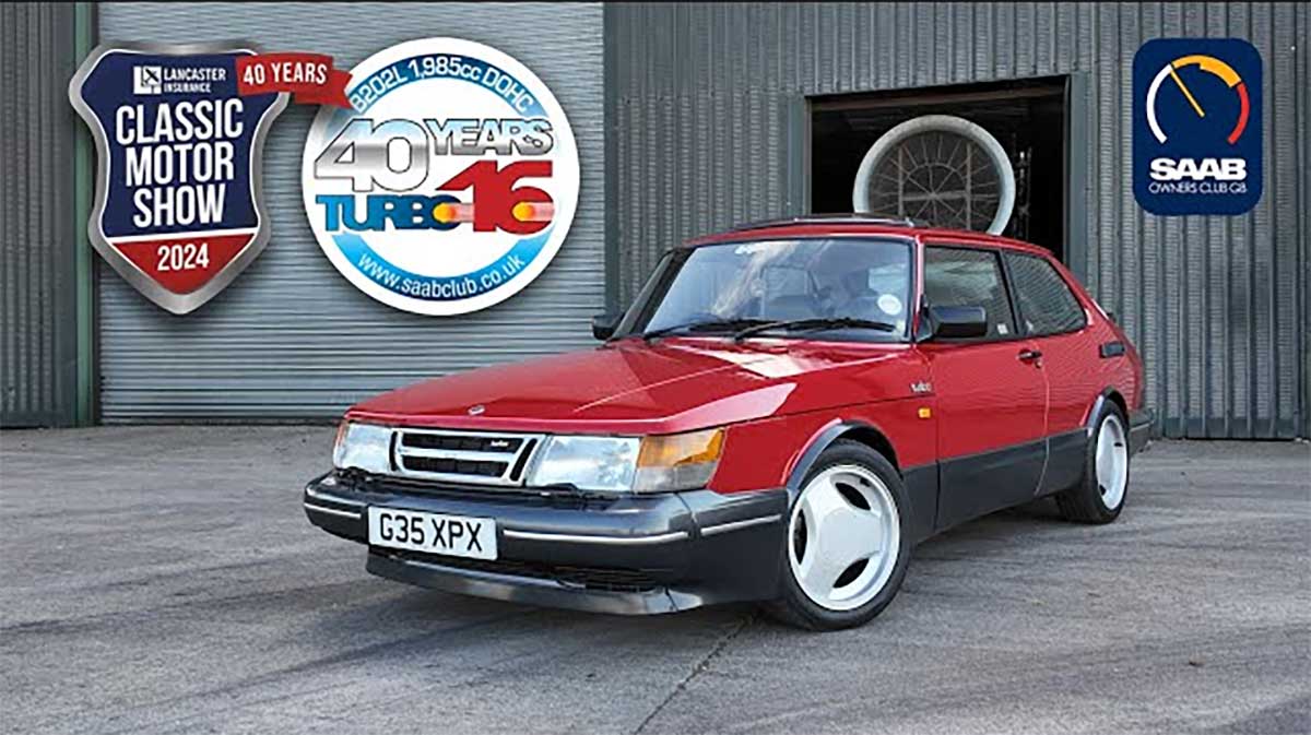 Matt Searle's stunning red 1990 Saab 900 Turbo 16S, a highlight of the NEC Classic Motor Show 2024, celebrating 40 years of the legendary Turbo 16S model.