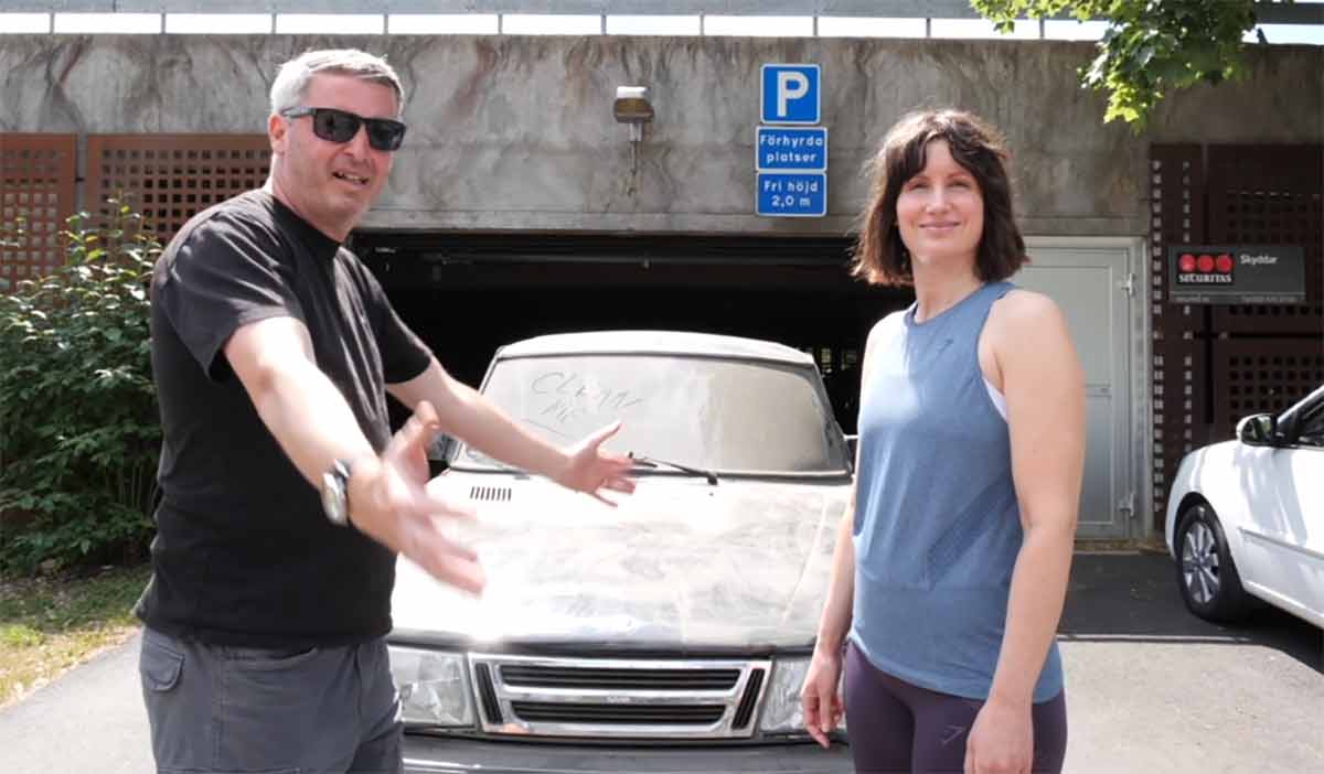 Unearthing A Sleeping 1987 Saab 900 Turbo: A Family Time Capsule Revived After 23 Years 1 A cheerful moment outside the workshop as the dusty 1987 Saab 900 Turbo finally steps back into the sunlight after more than two decades in storage.