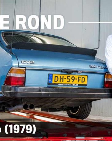 1979 Saab 900 Turbo on the lift during AutoWeek’s Klokje Rond Klassiek inspection, with the owner standing beside the aquamarine Combi Coupé.