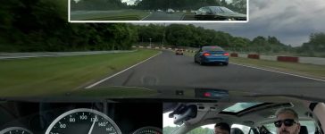 Saab 9-3 Aero chasing modern performance cars during a Nürburgring lap with Misha Charoudin, captured from a multi-angle in-car view showing speedometer, driver focus, and track action.