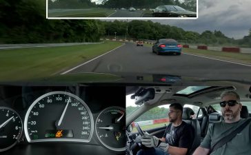 Saab 9-3 Aero chasing modern performance cars during a Nürburgring lap with Misha Charoudin, captured from a multi-angle in-car view showing speedometer, driver focus, and track action.