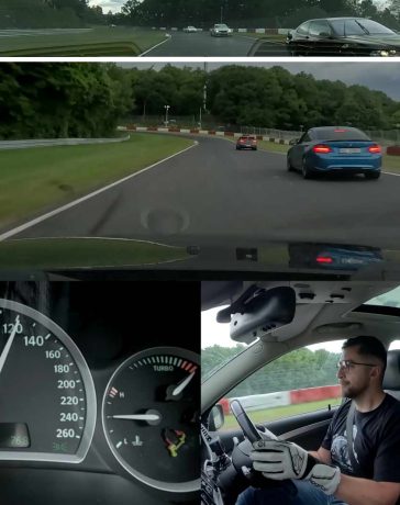 Saab 9-3 Aero chasing modern performance cars during a Nürburgring lap with Misha Charoudin, captured from a multi-angle in-car view showing speedometer, driver focus, and track action.