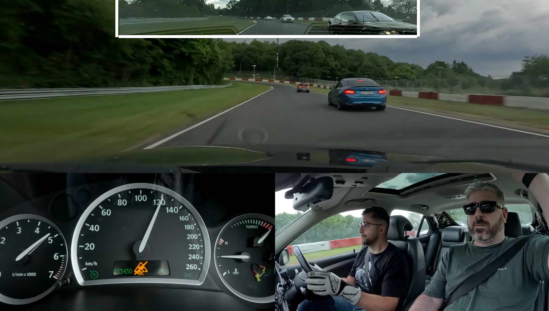The Quiet Saab 9-3 Aero That Outran Supercars At The Nürburgring 1 Saab 9-3 Aero chasing modern performance cars during a Nürburgring lap with Misha Charoudin, captured from a multi-angle in-car view showing speedometer, driver focus, and track action.