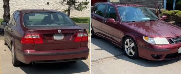 A worn maroon 2004 Saab 9-5 Aero at Auto Parts City, shown before being sent to a dealer auction.