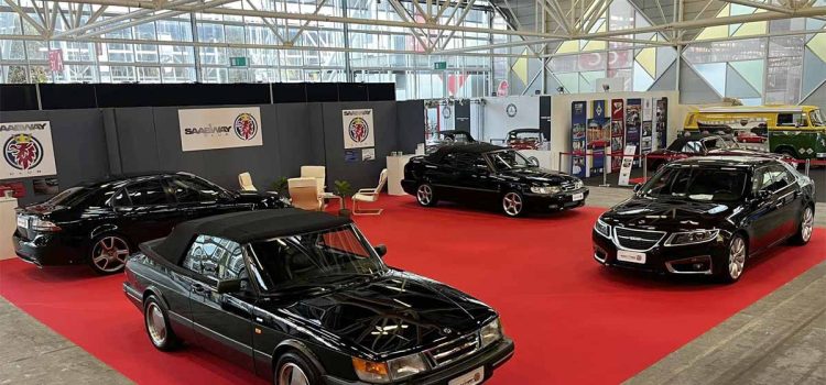 SaabWay Club Italy proudly displaying four iconic Saab models at "Auto e Moto d'Epoca" in Bologna, Italy, keeping the Saab legacy alive.