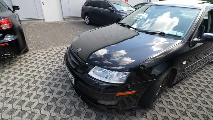 The Quiet Saab 9-3 Aero That Outran Supercars At The Nürburgring 2 Black Saab 9-3 Aero owned by Shane Conway, photographed before its Nürburgring lap with Misha Charoudin.