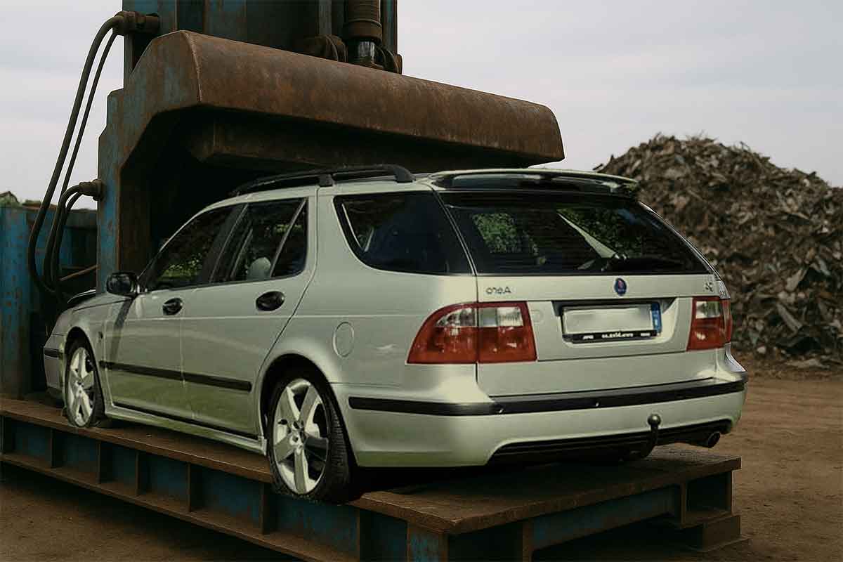 When Bureaucracy Crushes a Saab 9-5: The Ängelholm Incident That Shocked Sweden 1 Saab 9-5 Wagon moments before being crushed in Ängelholm (Photo illustration / SaabPlanet.com)