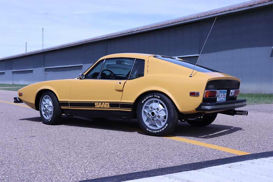 This unrestored 1973 Saab Sonett III still wears its original Sunset Yellow paint and rides on iconic 15" soccer ball wheels wrapped in BFGoodrich Radial T/A rubber — a mechanically revived survivor that hasn’t left Minnesota since new.