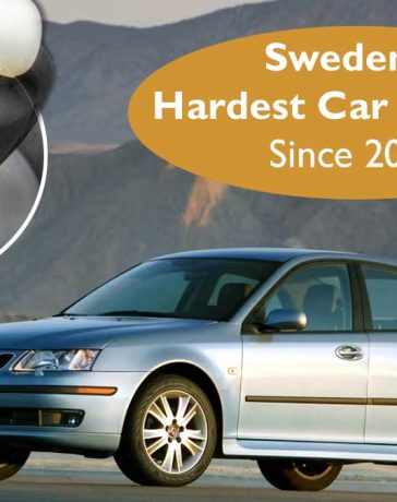 2003 Saab 9-3 Sport Sedan with ignition key inset and text highlighting its status as Sweden’s hardest car to steal since 2003