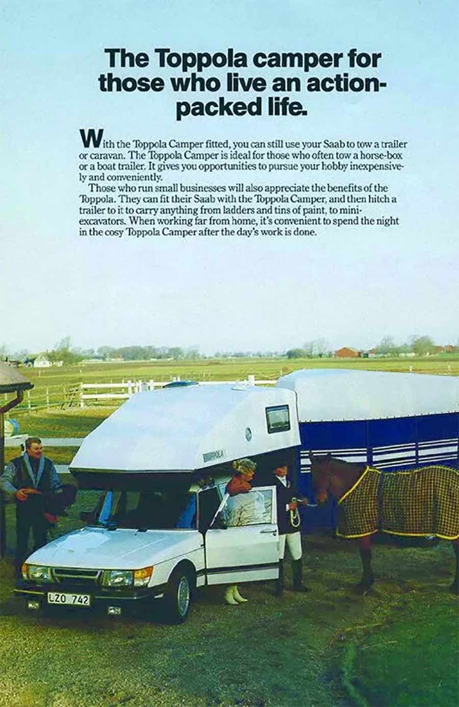 When Saab Owners Took the Road With Them: The Untold Story of Toppola on the 99, 900, and 9000 2 Vintage Toppola advertisement featuring a Saab 900 equipped with the camper module at a horse stable, illustrating the multifunctional use of the Toppola system.